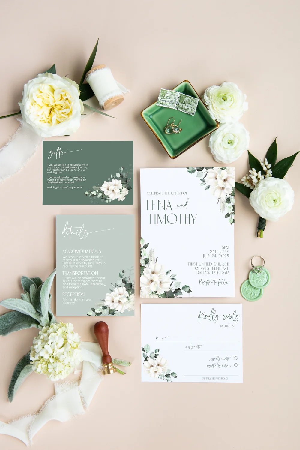 Cream and Sage Invitation Suite Template - 030