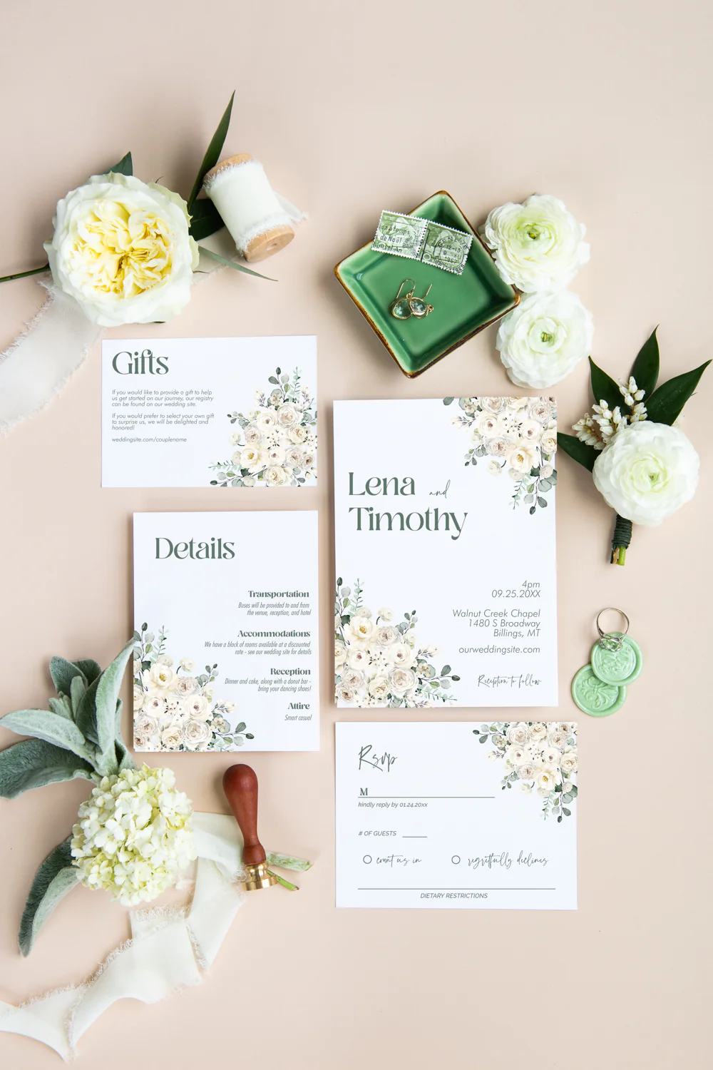 Cream and Sage Invitation Suite Template - 031