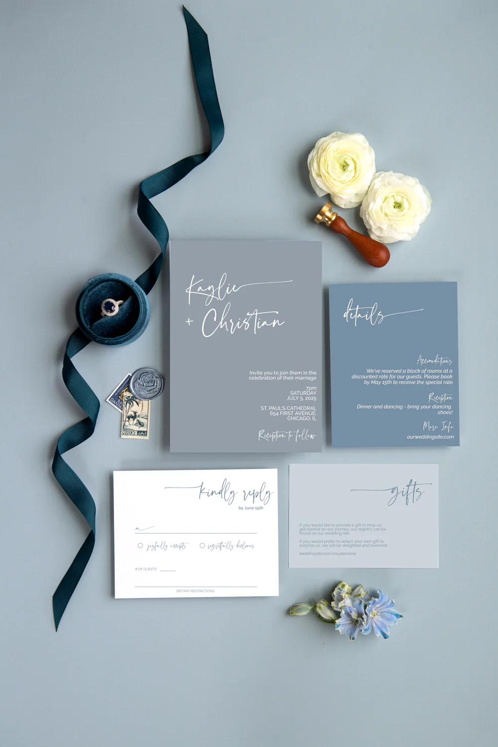 Dusty Blue and Cream Minimalist Invitation Suite Template - 025