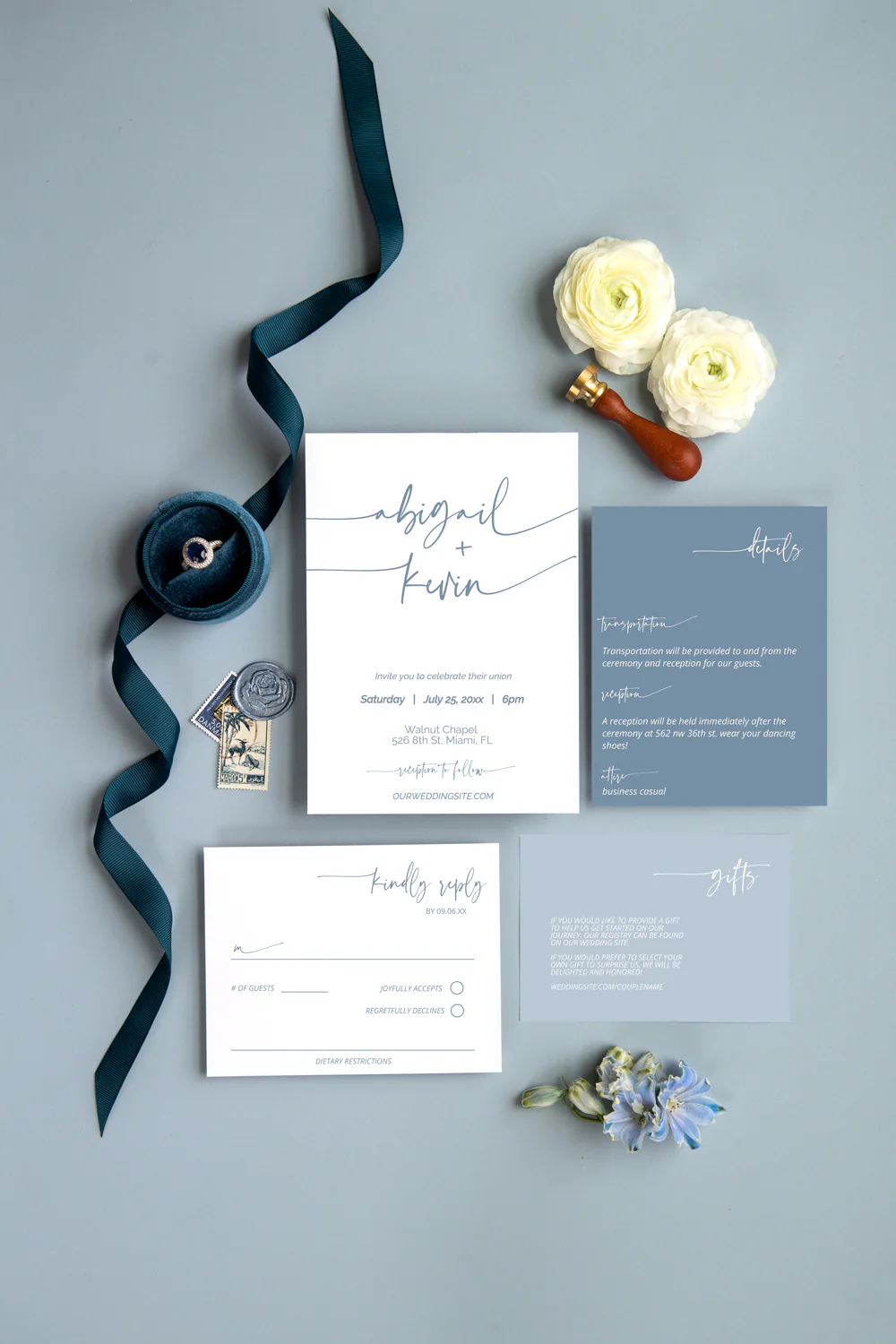 Dusty Blue and Cream Minimalist Invitation Suite Template - 026