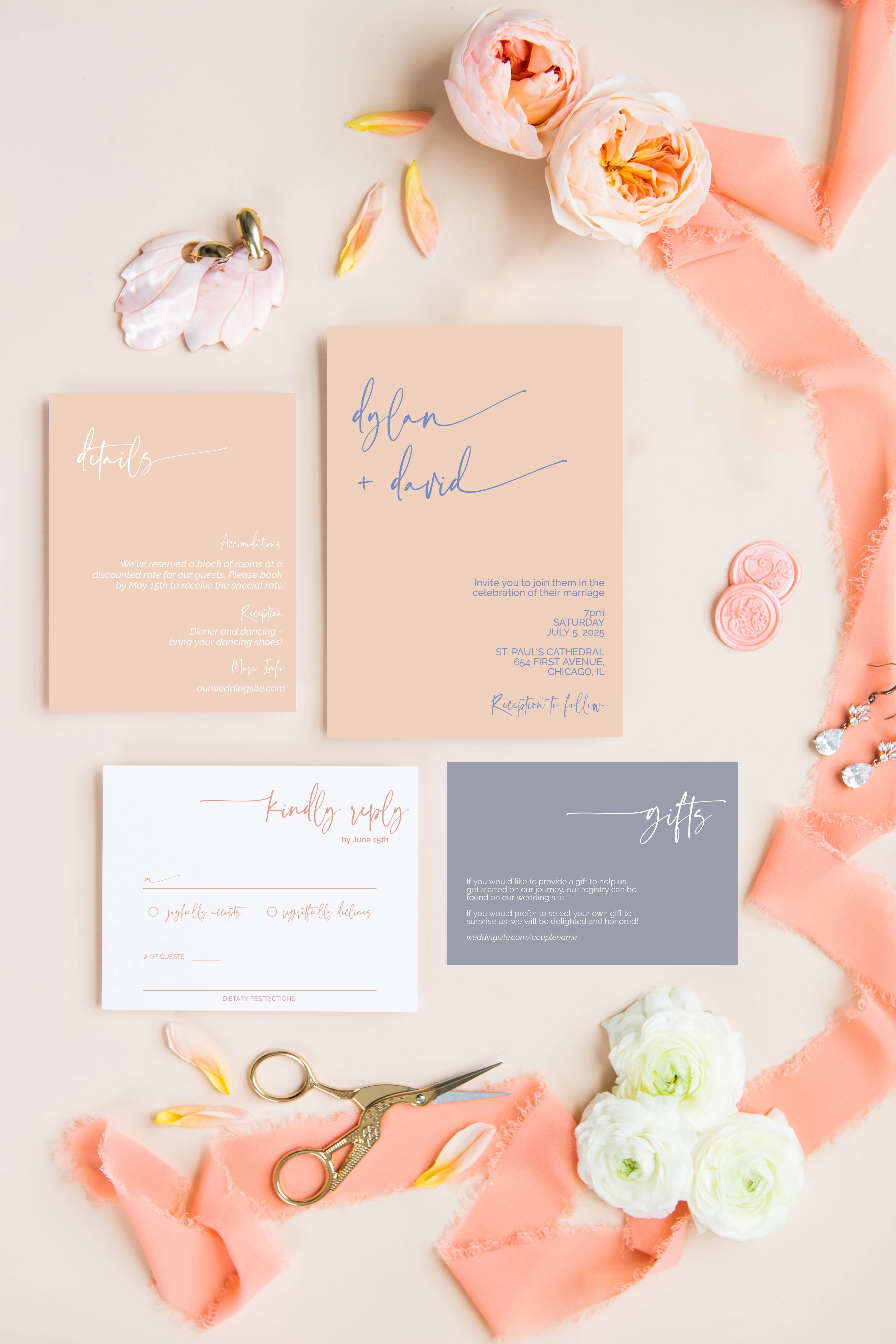 Dusty Blue and Peach Minimalist Invitation Suite Template - 025
