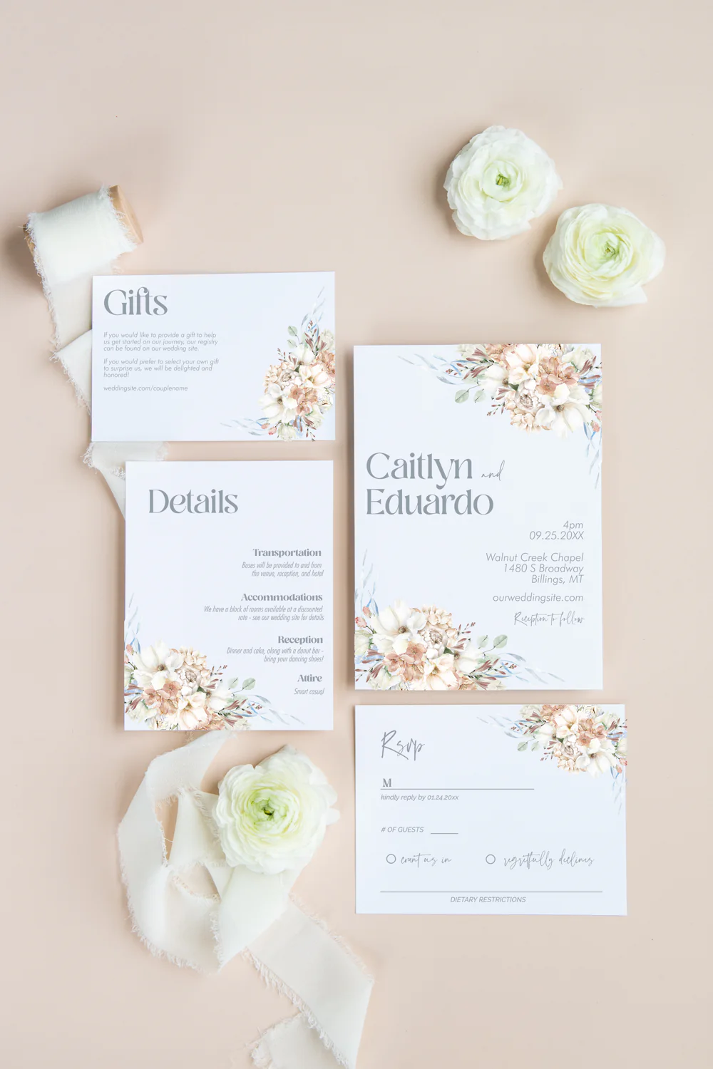 Dusty Blush and Blue Invitation Suite Template - 030