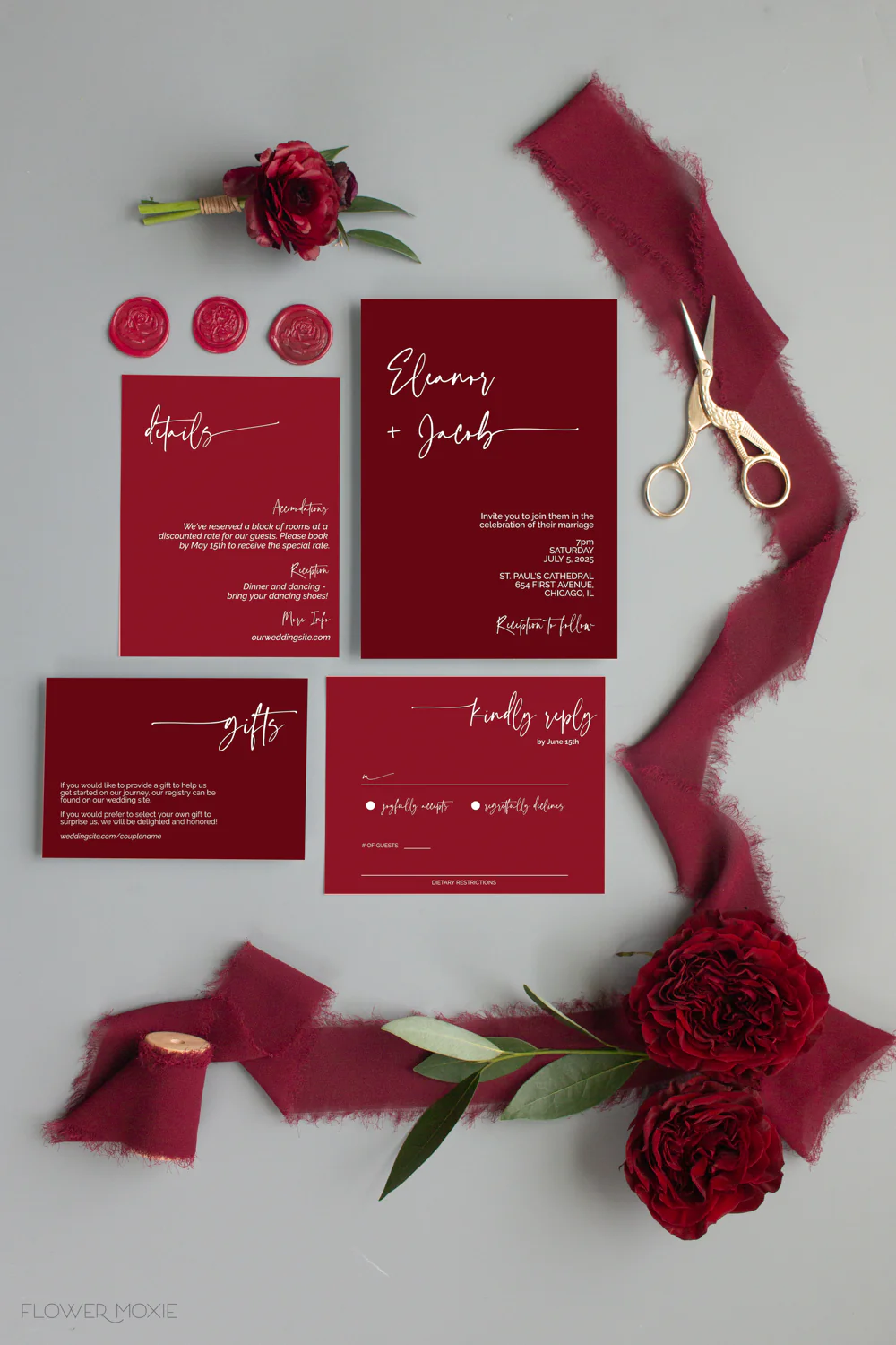Moody Scarlet Minimalist Invitation Suite Template - 025