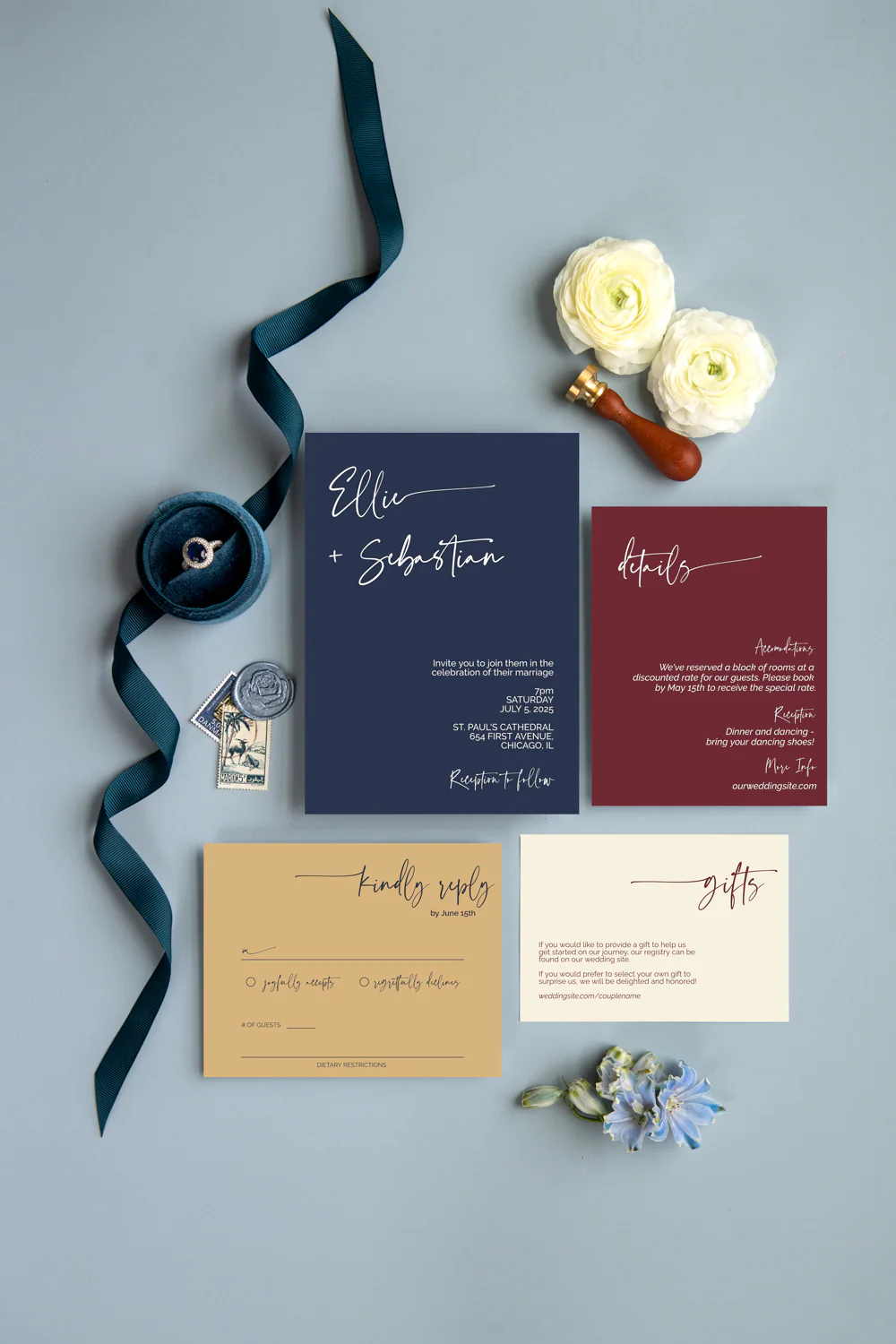Navy and Wine Minimalist Invitation Suite Template - 025