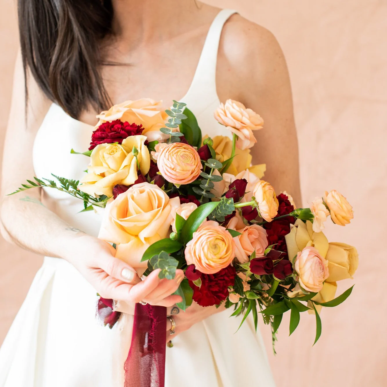 Peach and Burgundy Full DIY -Bridal and 4-5 Bridesmaid Bouquets