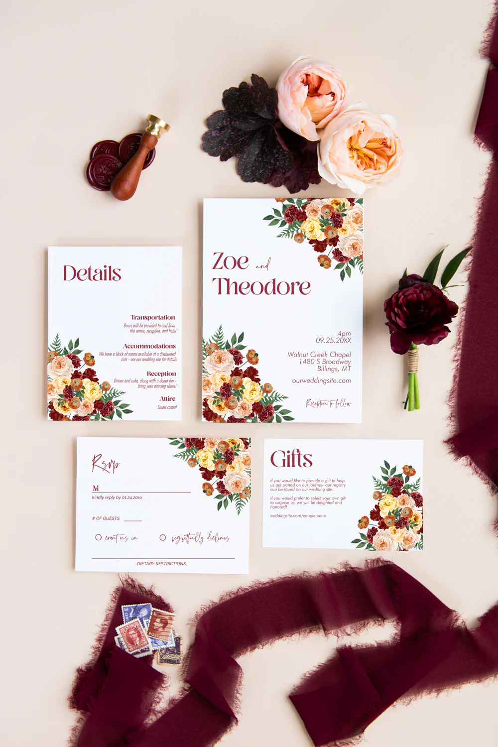 Peach and Burgundy Invitation Suite Template - 030