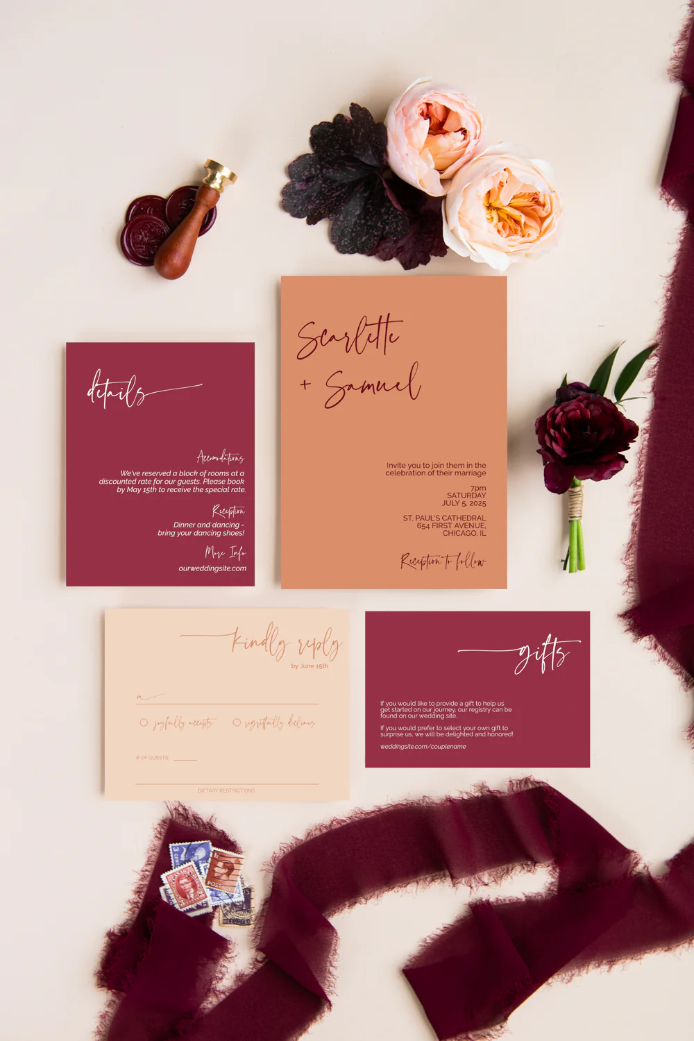 Peach and Burgundy Minimalist Invitation Suite Template - 025