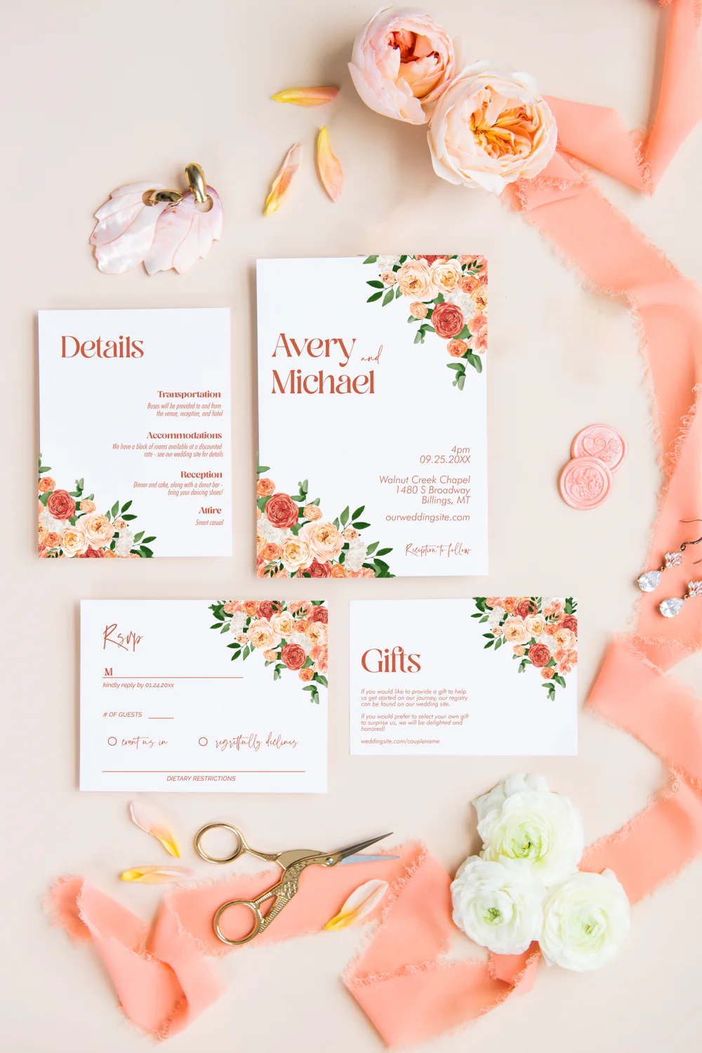 Peach and Coral Invitation Suite Template - 030