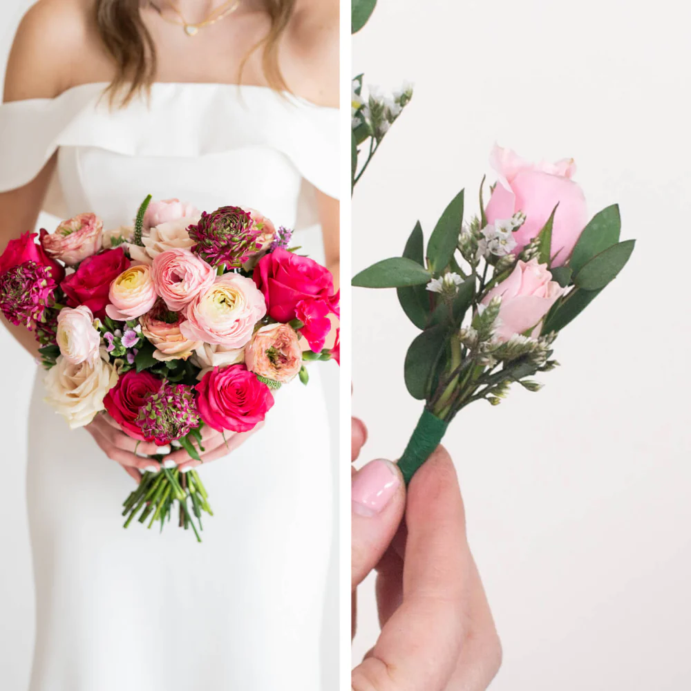 Pink Renegade Elopement Set: 1 Bridal Bouquet + 1 Boutonniere